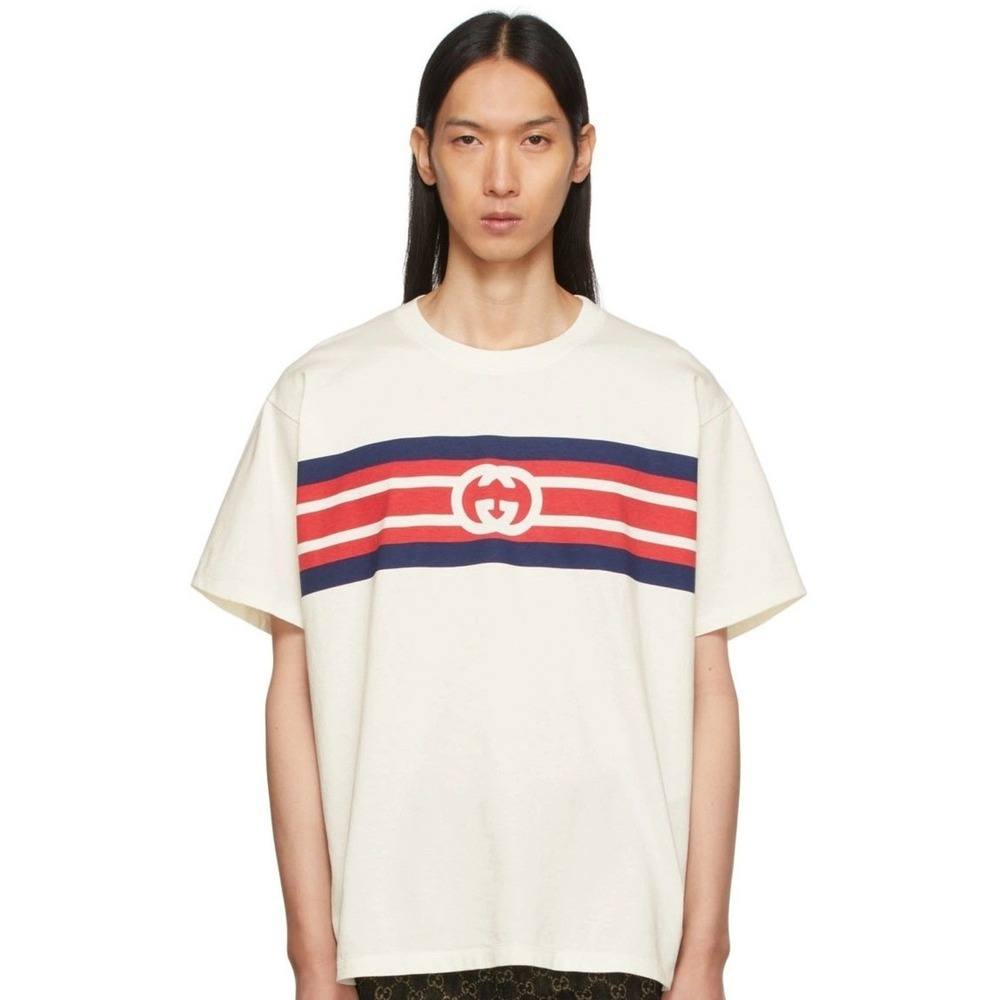 Gucci Off White Red Blue Stripe Logo T Shirt Men's sz L Made in Italy Luxury - Picture 2 of 13
